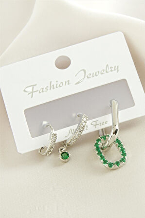 3 Adet Oval Zirkon Taşlı Küpe