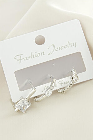 3 Adet Kare Zirkon Taşlı Küpe