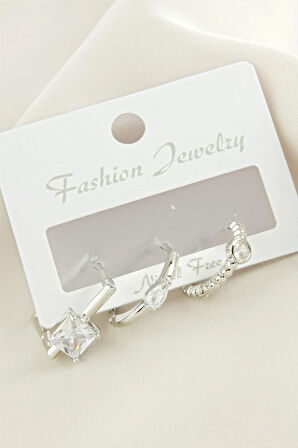 3 Adet Kare Zirkon Taşlı Küpe