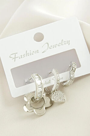 3 Adet Çiçek Zirkon Taşlı Küpe