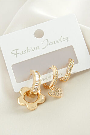 3 Adet Çiçek Zirkon Taşlı Küpe