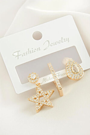 3 Adet Yıldız Zirkon Taşlı Küpe