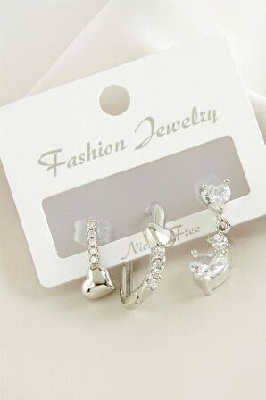 3 Adet Kalp Zirkon Taşlı Küpe