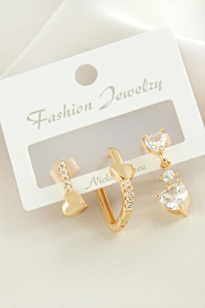 3 Adet Kalp Zirkon Taşlı Küpe