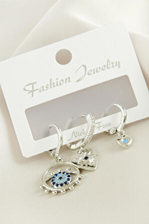 3 Adet Kalp Nazar Zirkon Taşlı Küpe