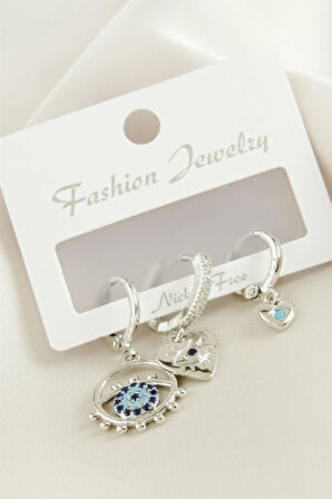 3 Adet Kalp Nazar Zirkon Taşlı Küpe