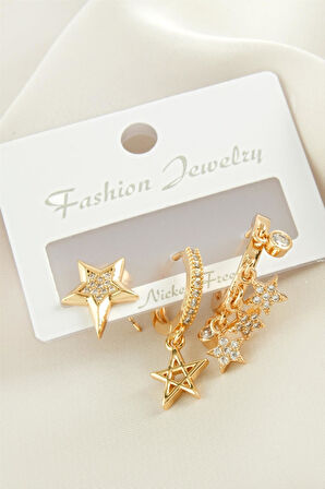 3 Adet Yıldız Zirkon Taşlı Küpe