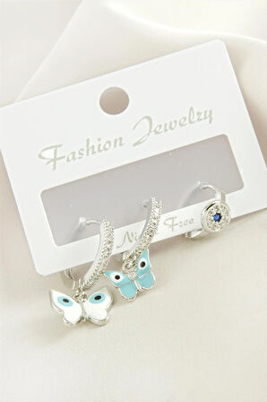 3 Adet Kelebek Zirkon Taşlı Küpe