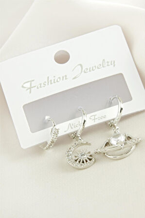 3 Adet Hilal Yıldız Zirkon Taşlı Küpe