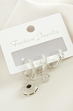 3 Adet Yuvarlak Zirkon Taşlı Küpe