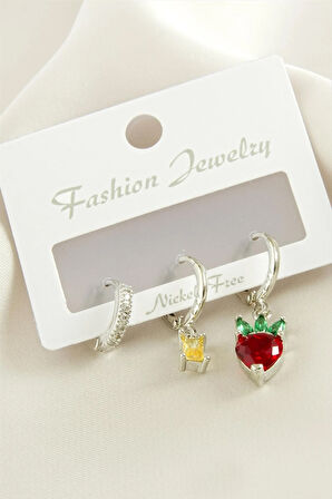 3 Adet Kalp Zirkon Taşlı Küpe