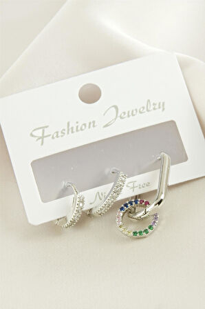 3 Adet Halka Zirkon Taşlı Küpe