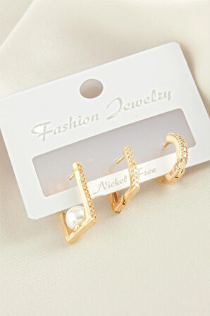 3 Adet Dikdörtgen İnci Zirkon Taşlı Küpe