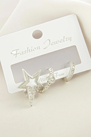 3 Adet Yıldız Zirkon Taşlı Küpe