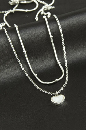 Kalp Sedef Lüks Çelik İkili Kolye