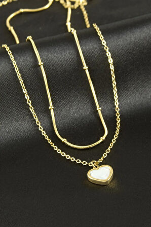 Kalp Sedef Lüks Çelik İkili Kolye