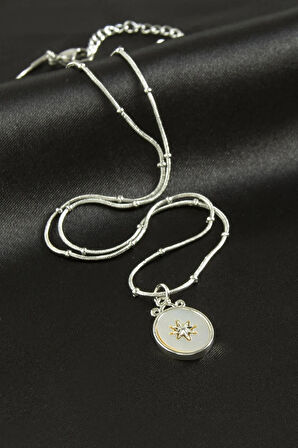 Oval Yıldız Sedef Lüks Çelik Kolye