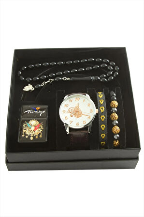 Tuğra Temalı Kol Saati Tesbih Bileklik ve Çakmak Kutulu Set