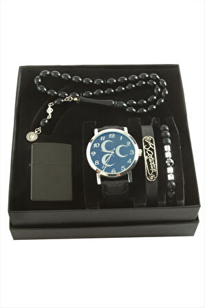 Hilal Temalı Kol Saati Tesbih Bileklik ve Çakmak Kutulu Set