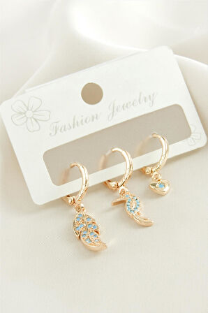 3 Adet Yaprak Zirkon Taşlı Küpe