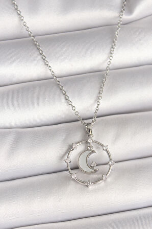 316L Çelik Gümüş Renk Zincir Zirkon Taşlı Beyaz Mineli Hilal Model Kadın Kolye