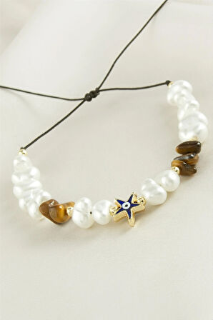 Deniz Yıldızı  Kırık Doğaltaşlı İnci Bileklik