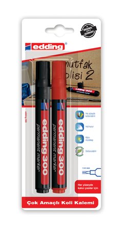 300 Permanent Markör Kalem Koli Kalemi (Yeniden Doldurulabilir) 1.5-3Mm 2 Li Siyah - Kırmızı (Blister Paket)