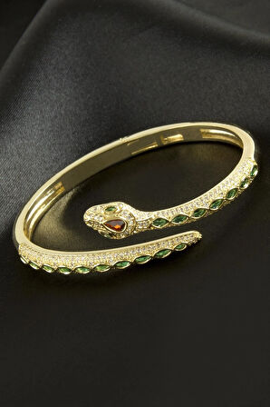 Yılan Zirkon Taşlı Lüks Çelik Kelepçe Bileklik