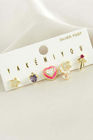 Yakemiyou 5 Adet Zirkon Taşlı Lüks Çelik Küpe