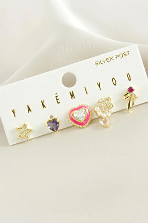 Yakemiyou 5 Adet Zirkon Taşlı Lüks Çelik Küpe