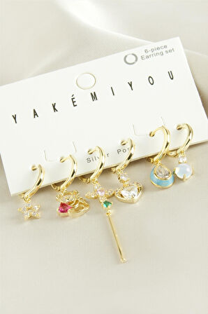 Yakemiyou 6 Adet Kalp Zirkon Taşlı Lüks Çelik Küpe