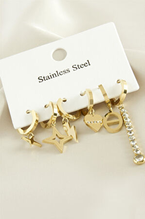 6 Adet Yıldız  Zirkon Taşlı Lüks Çelik Küpe