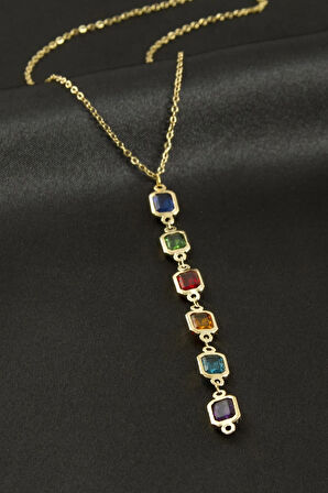 Dikdörtgen Kristal Taşlı Çelik Kolye