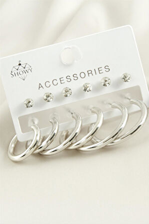 12 Adet Boru Taşlı Halka Küpe