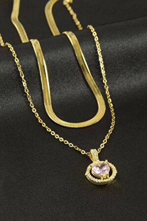 Kalp Zirkon Taşlı Çelik İkili Kolye