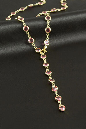 Yuvarlak Zirkon Taşlı Çelik Y Kolye