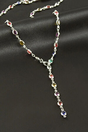 Oval Zirkon Taşlı Çelik Y Kolye