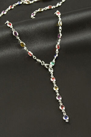 Oval Zirkon Taşlı Çelik Y Kolye