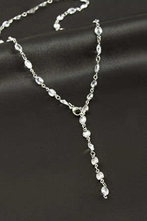 Oval Zirkon Taşlı Çelik Y Kolye