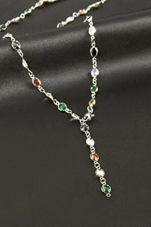 Oval Zirkon Taşlı Çelik Y Kolye