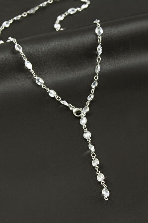 Yuvarlak Zirkon Taşlı Çelik Y Kolye