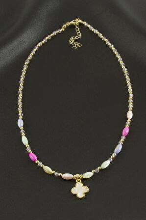 Çiçek Sedef Cam Boncuk Kristal Kolye