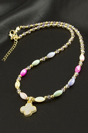 Çiçek Sedef Cam Boncuk Kristal Kolye