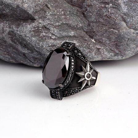 ZİRKON TAŞLI YILDIZ MOTİFLİ ERKEK GÜMÜŞ YÜZÜK