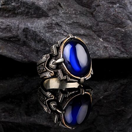 ZİRKON TAŞLI MAVİ RENK 925 AYAR GÜMÜŞ ERKEK YÜZÜK