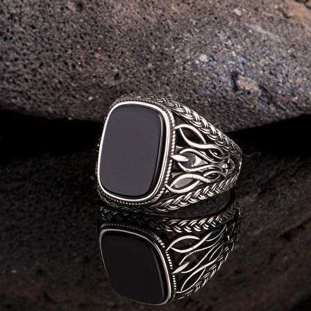 925 AYAR GÜMÜŞ ONIX TAŞLI DESEN MOTİFLİ YÜZÜK