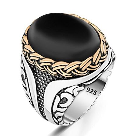 925 Ayar Gümüş Örgü Desenli Onıxy Taşlı Yüzük