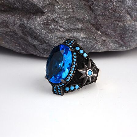 BLUE TOPAZ TAŞLI YILDIZ MODEL ERKEK GÜMÜŞ YÜZÜK