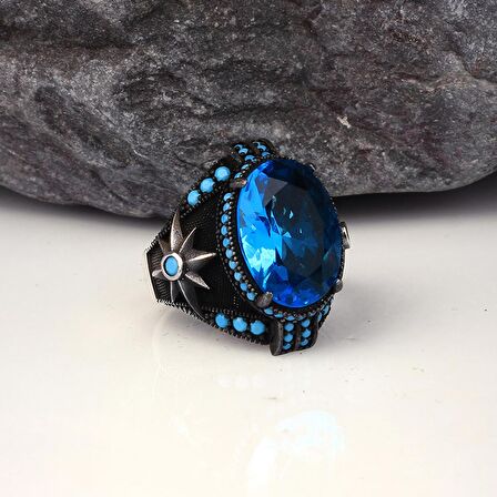 BLUE TOPAZ TAŞLI YILDIZ MODEL ERKEK GÜMÜŞ YÜZÜK