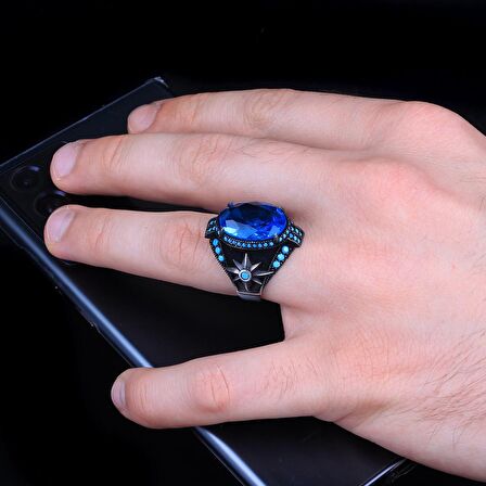 BLUE TOPAZ TAŞLI YILDIZ MODEL ERKEK GÜMÜŞ YÜZÜK